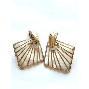 Vintage Mother of Pearl Gold-Tone Fan Statement Earrings